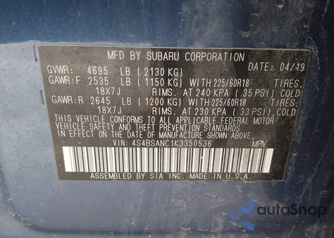 2019 Subaru Outback 2.5I Limited from USA, damaged, VIN 4S4BSANC1K3350536